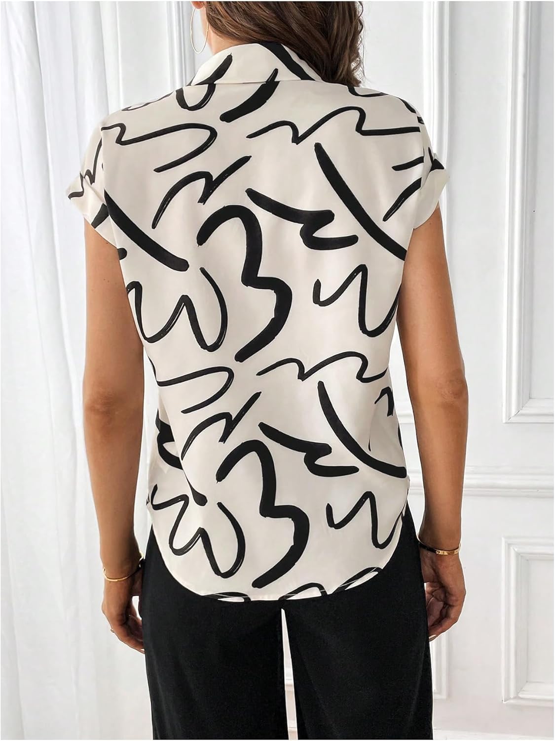 SweatyRocks Women's Casual Printed Button Up Blouse Collar Dolman Short Sleeve Shirt Tops - Image 2