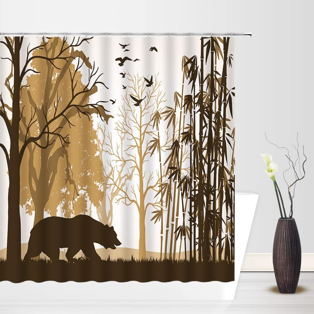 Black Bear Shower Curtain Rustic Cabin Lodge Wild Animal Bear Tree Forest Bird Silhouette Camping Farmhouse Hunting Wildlife Safari Country Style Vintage Bathroom Decor Fabric Curtain with Hooks