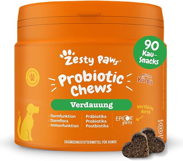 Zesty Paws Probiotic Chews for Dogs | Digestive Snacks for Dogs | Soft Dog Treats for the Intestinal Flora Building Dog for Good General Being of the Dog - Pumpkin Flavour | Pack of 90 product image