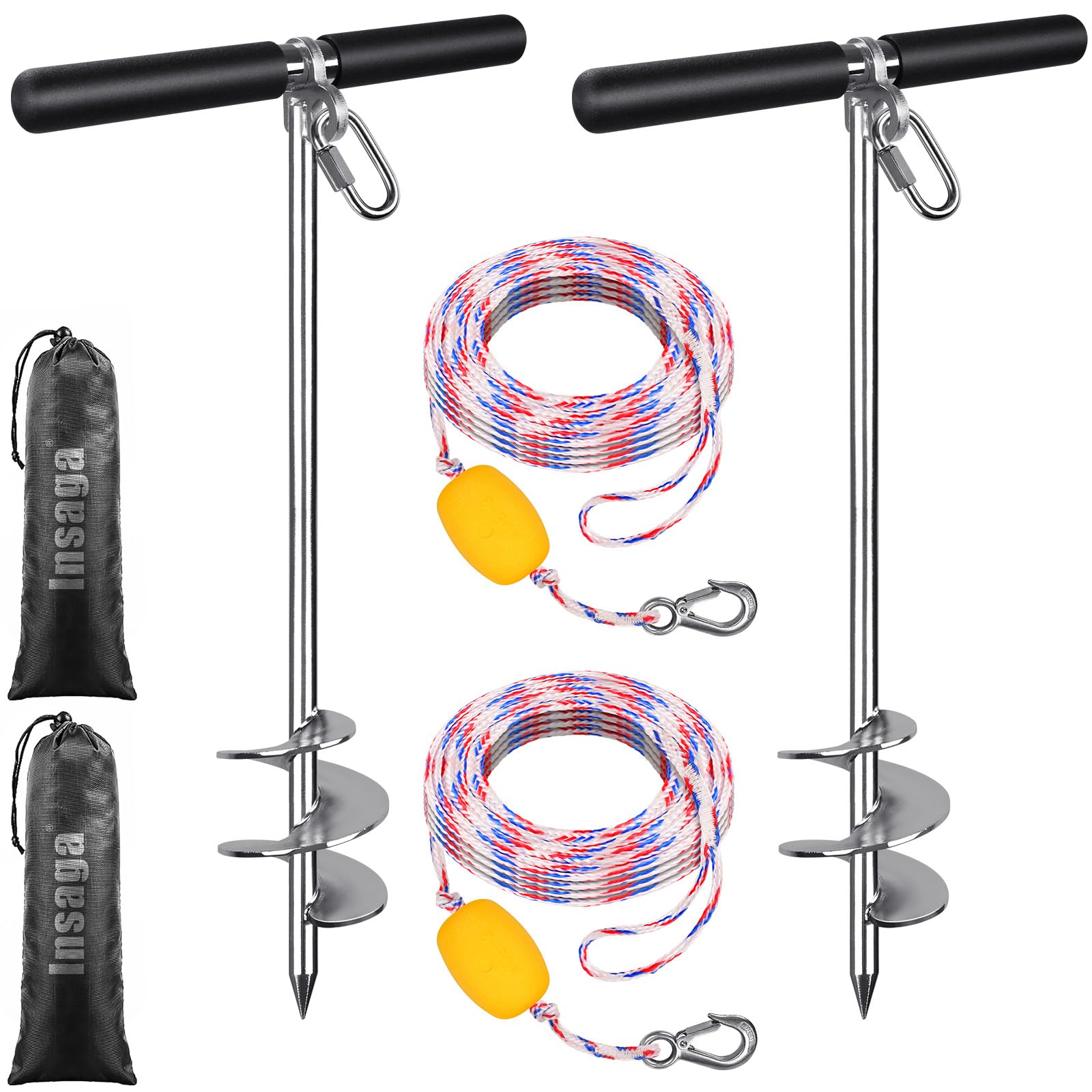 Insaga Kotwa piaskowa 66 cm do łodzi, wkręcana kotwica do łodzi ze stali nierdzewnej 304, z poprzeczką i liną 9,8 m, płytka kotwica wodna do kajaka, skuterów wodnych, pontonu PWC, kotwica do piasku