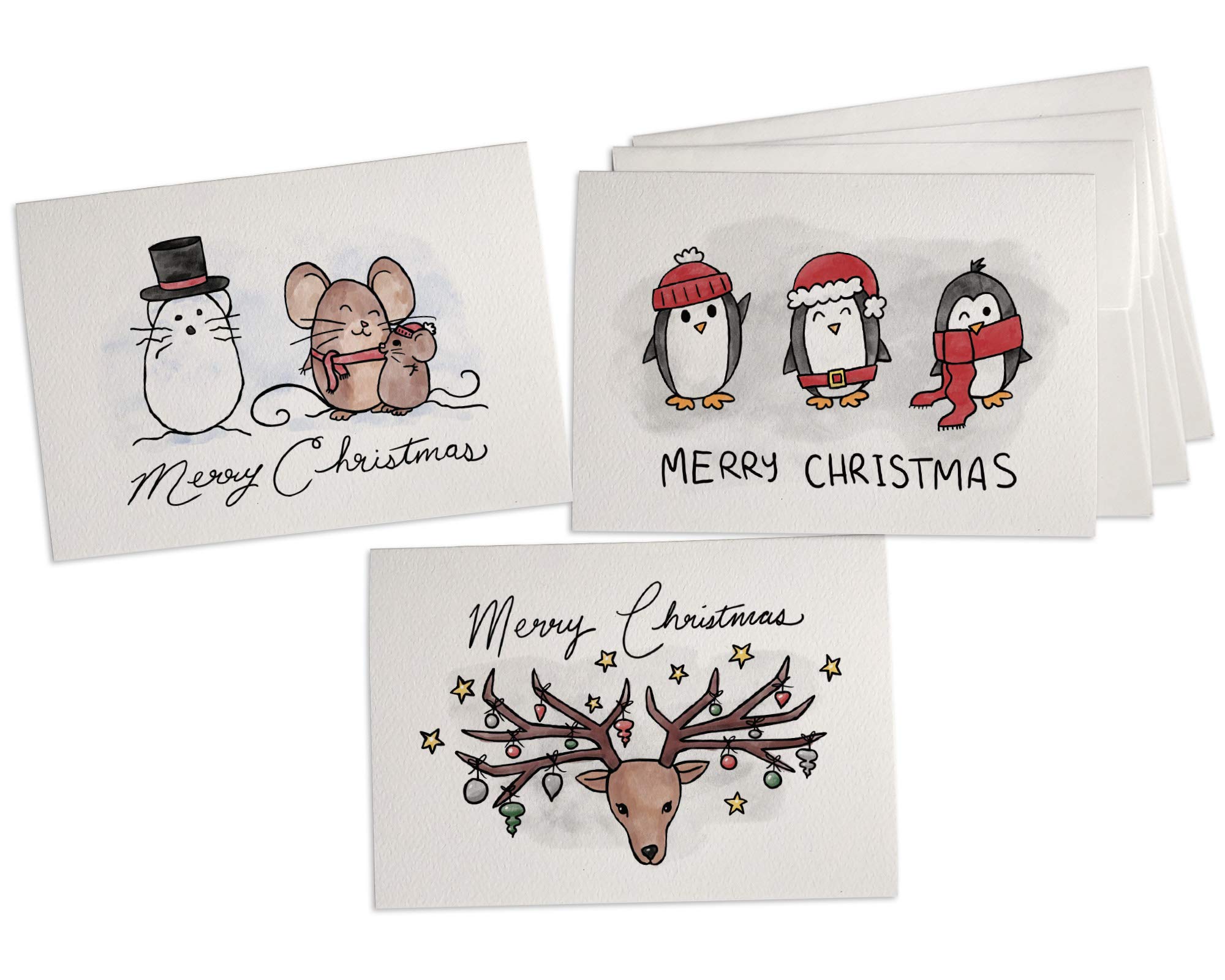 Black Tabby Studio Christmas Creatures Winter Holiday Greeting Cards - Set of 24 Cards with Envelopes