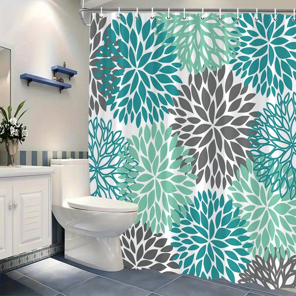 AJALGZ Modern Floral & Geometric Shower Curtain Teal Turquoise Gray Polyester Bathroom Decor Minimalist Design for Bath(70x235cm/Extra Wide)