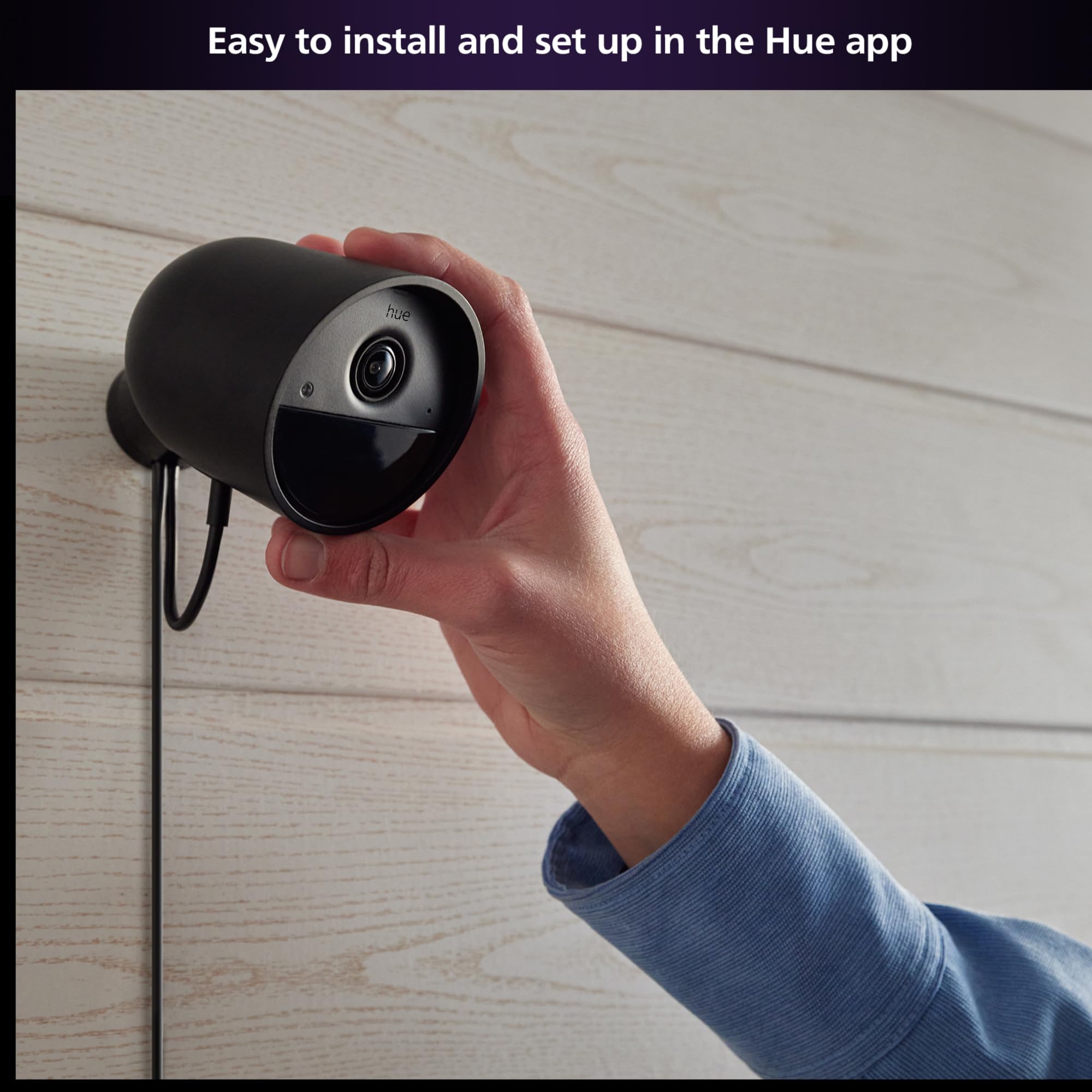 Philips Hue Caméra filaire sécurisée, résolution 1080p, notifications, intégration transparente, alimentation continue, intérieur et extérieur, blanc. Historique vidéo gratuit 24 heures