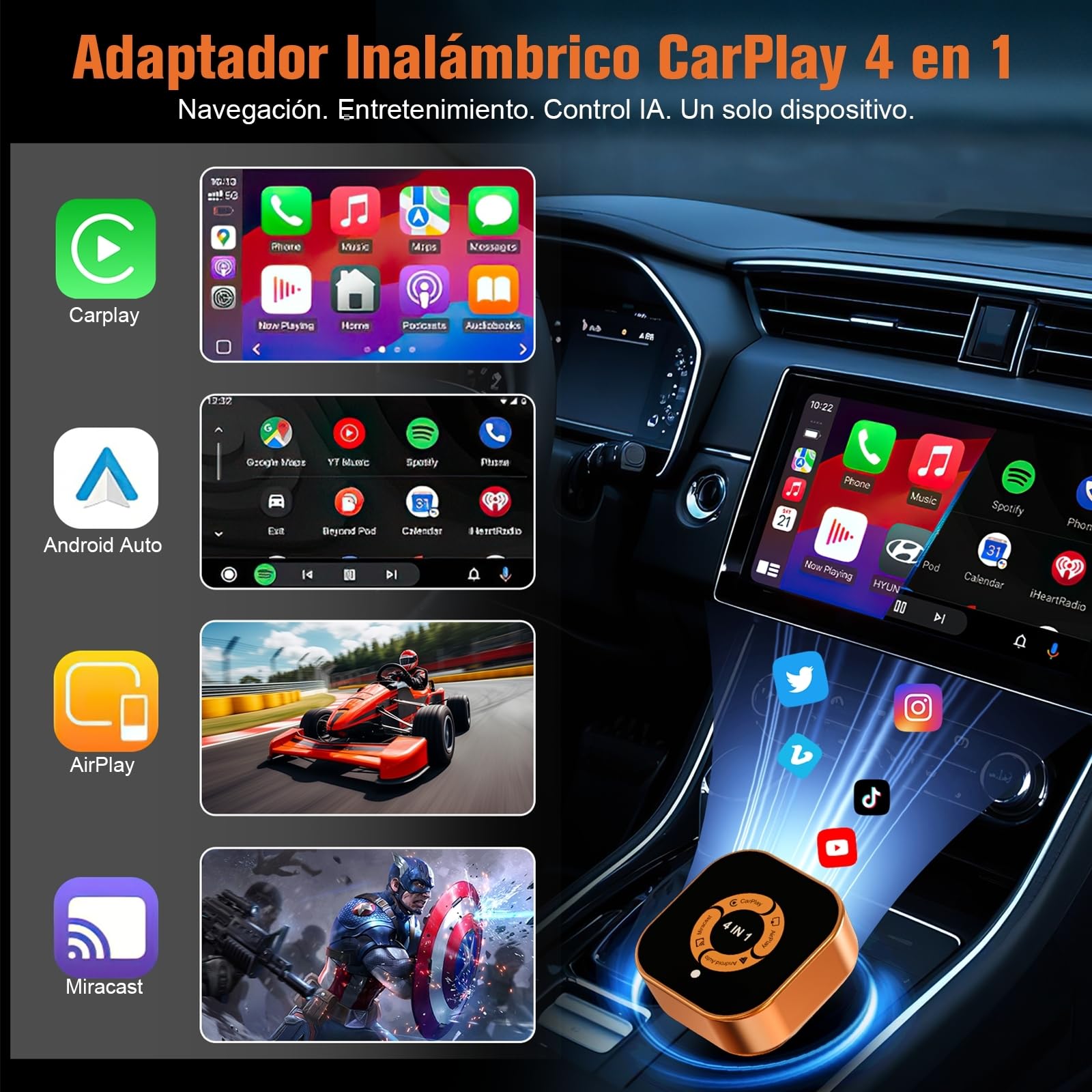 Adaptador CarPlay Inalámbrico 4 en 1: CarPlay Sin Cables y Android Auto Wireless AirPlay y Miracast - WiFi Doble Banda 2,4/5 GHz - Conexión Automática Plug & Play para Coches con CarPlay por Cable