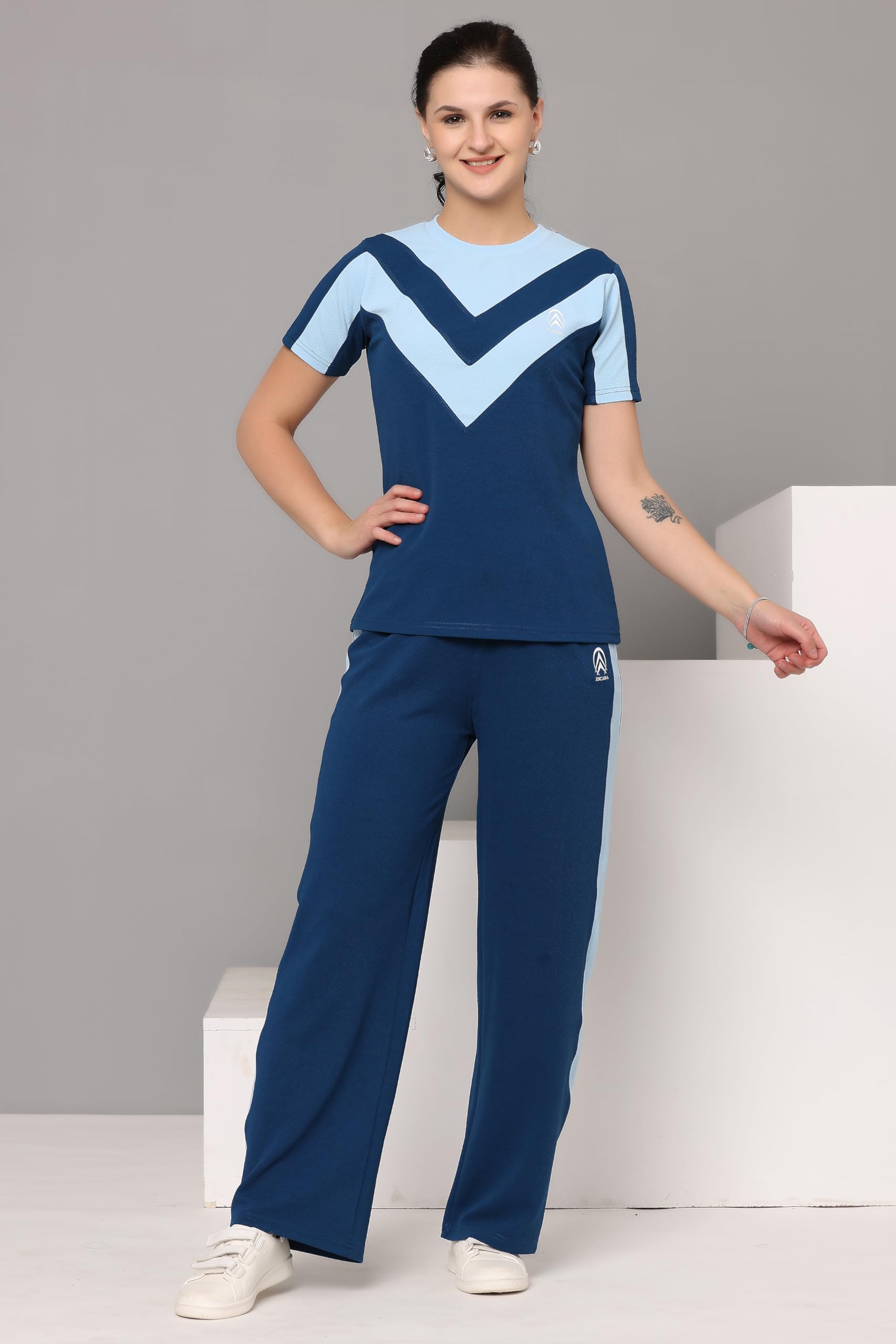 ZICADA® Women's Workout tshirt & Pant | yoga wear | Workout Set | Co-ord Set For Girls & Womens Outfits Round neck Crop Basic Top Cropped wide Leg pants Set Jumpsuits Tshirt Pant Co-ords Set 1