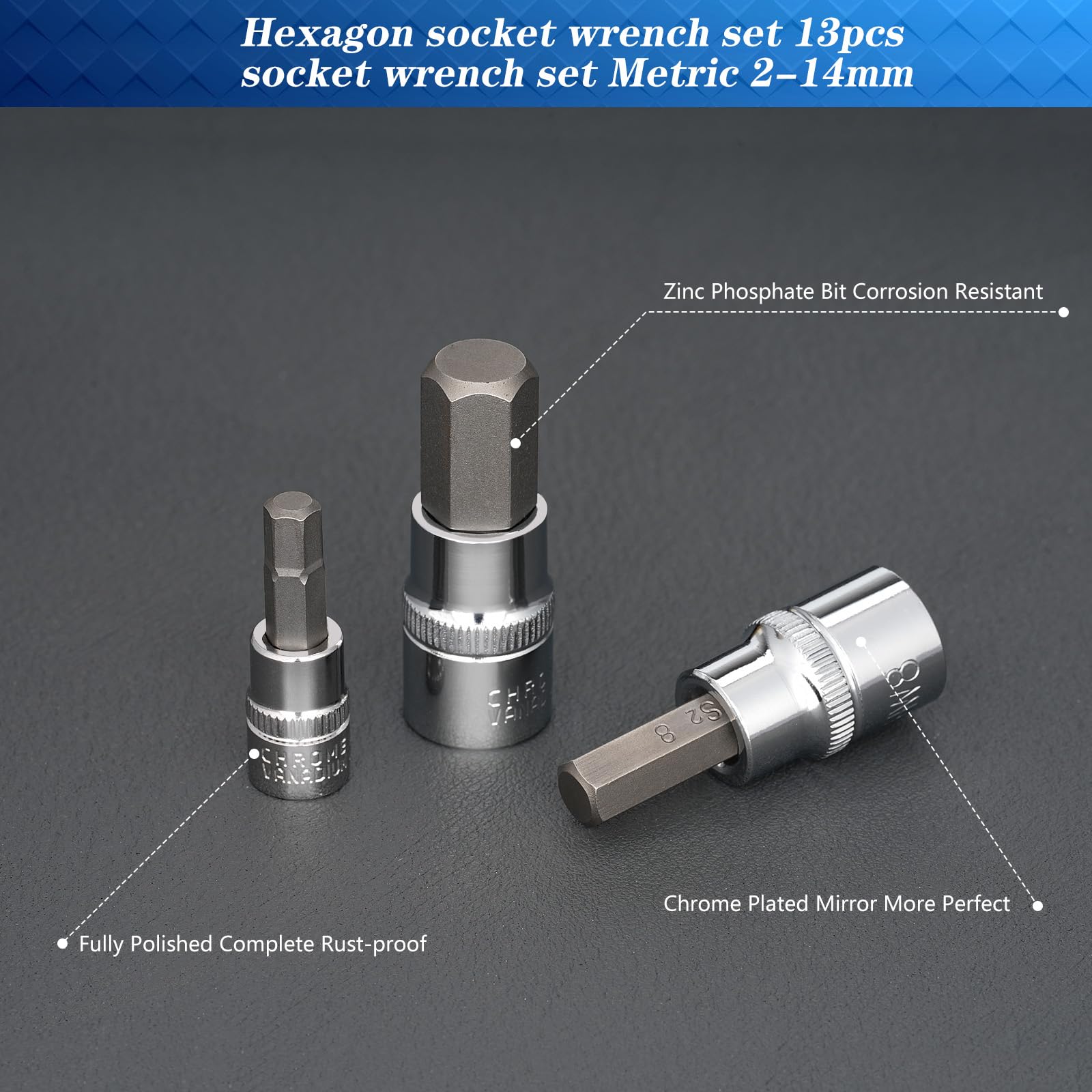 Juego de Llaves de Vaso Hexagonales,13pcs Llaves de Vaso en acero de aleación S2, Llave Allen Puntas Hexagonales, con Adaptadores de Vaso 1/2" 3/8" 1/4", para llave Dinamométrica y Talatro