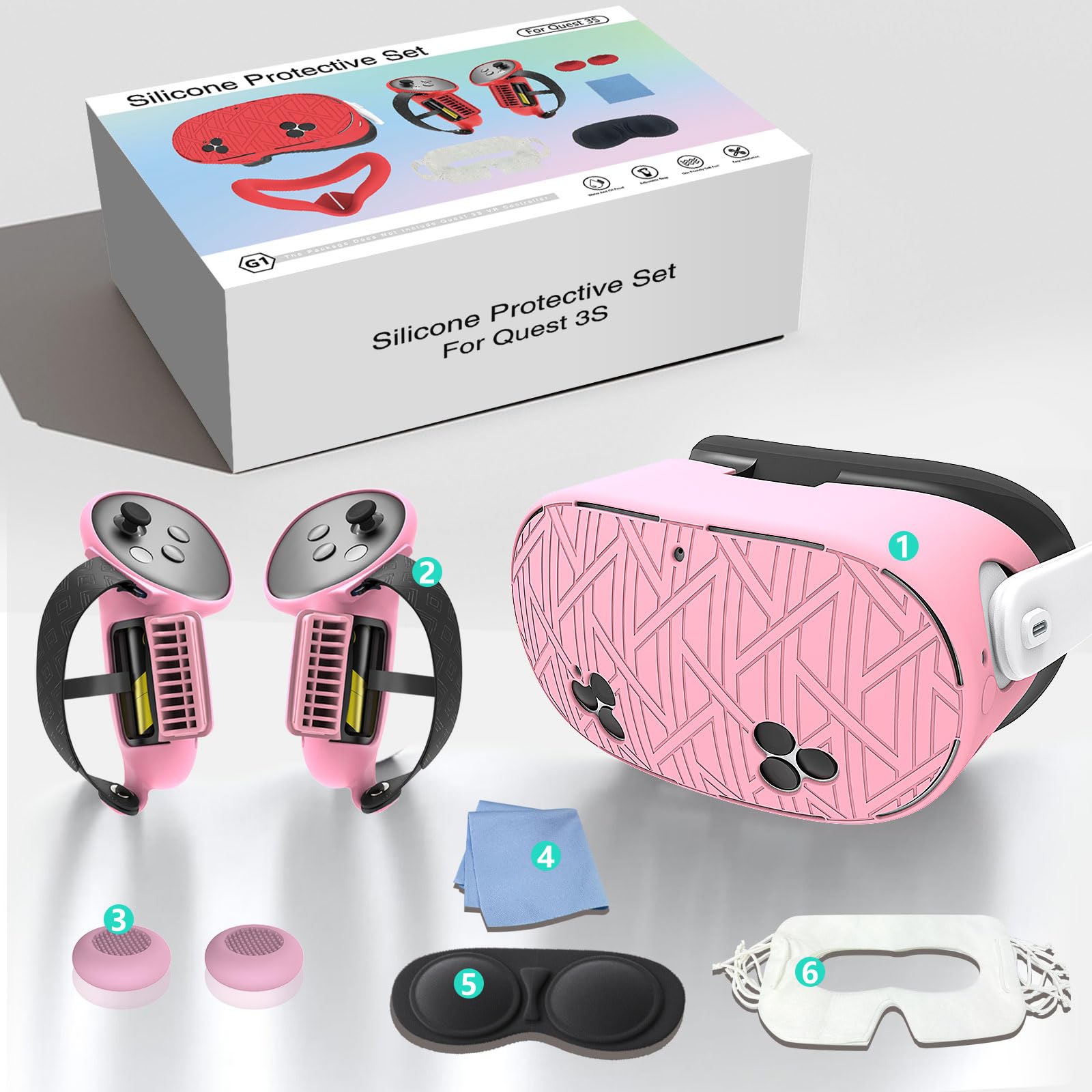 Zubehör-Set Kompatibel mit Meta Quest 3s, kommt mit verbesserten langen Batterieöffnungsgriffen, VR-Schale, Gesichtsschutz, Objektivtasche, Silikon-Kit für Quest