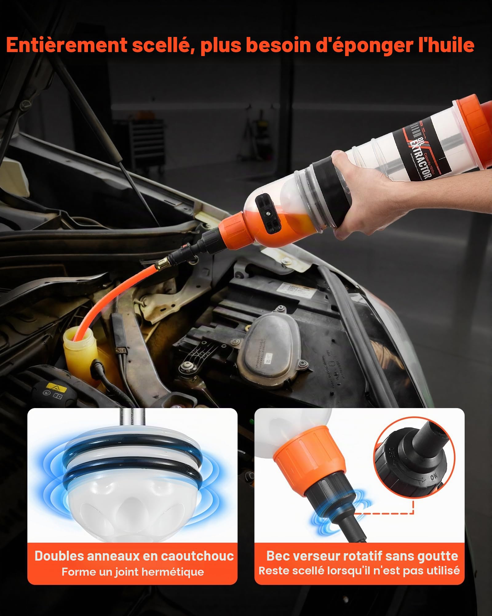VEVOR Seringue à Huile 1,5 L Pompe Vidange Huile Moteur Aspiration Manuelle Pompe de Transfert Huile Automobile pour Tondeuses à Gazon, Voitures, Bateaux, Motos, avec Tuyau Long, Tuyaux d'Extension