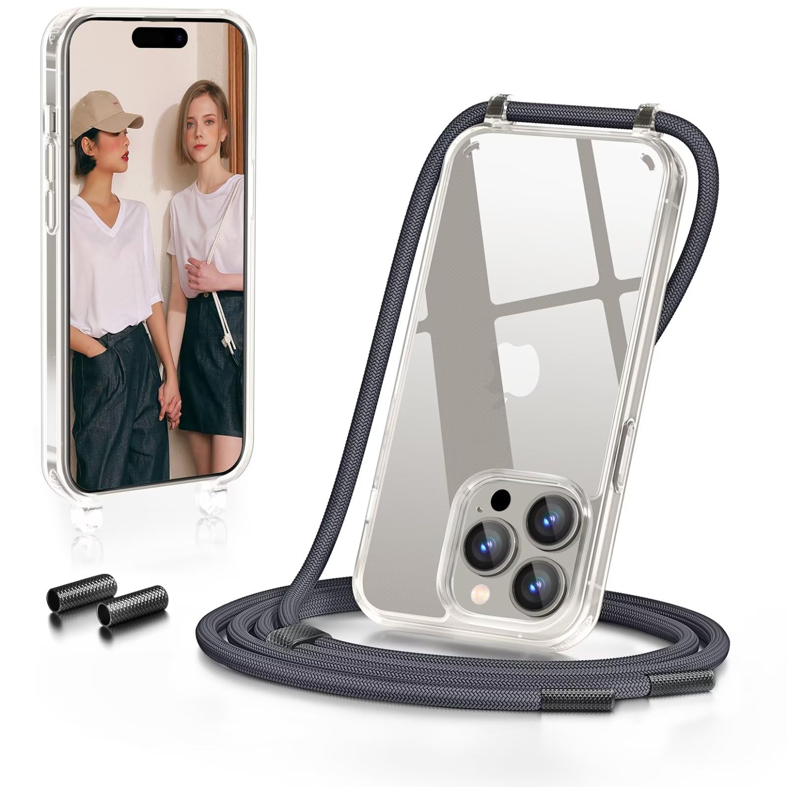 GOODVISH Cover Trasparente con Cordino per iPhone 15 Pro, Custodia con Regolabile Collana per iPhone 15 Pro 6.1'', [Antiurto] [AntiGraffio] [Antiscivolo] Case con Laccio Tracolla, Grigio