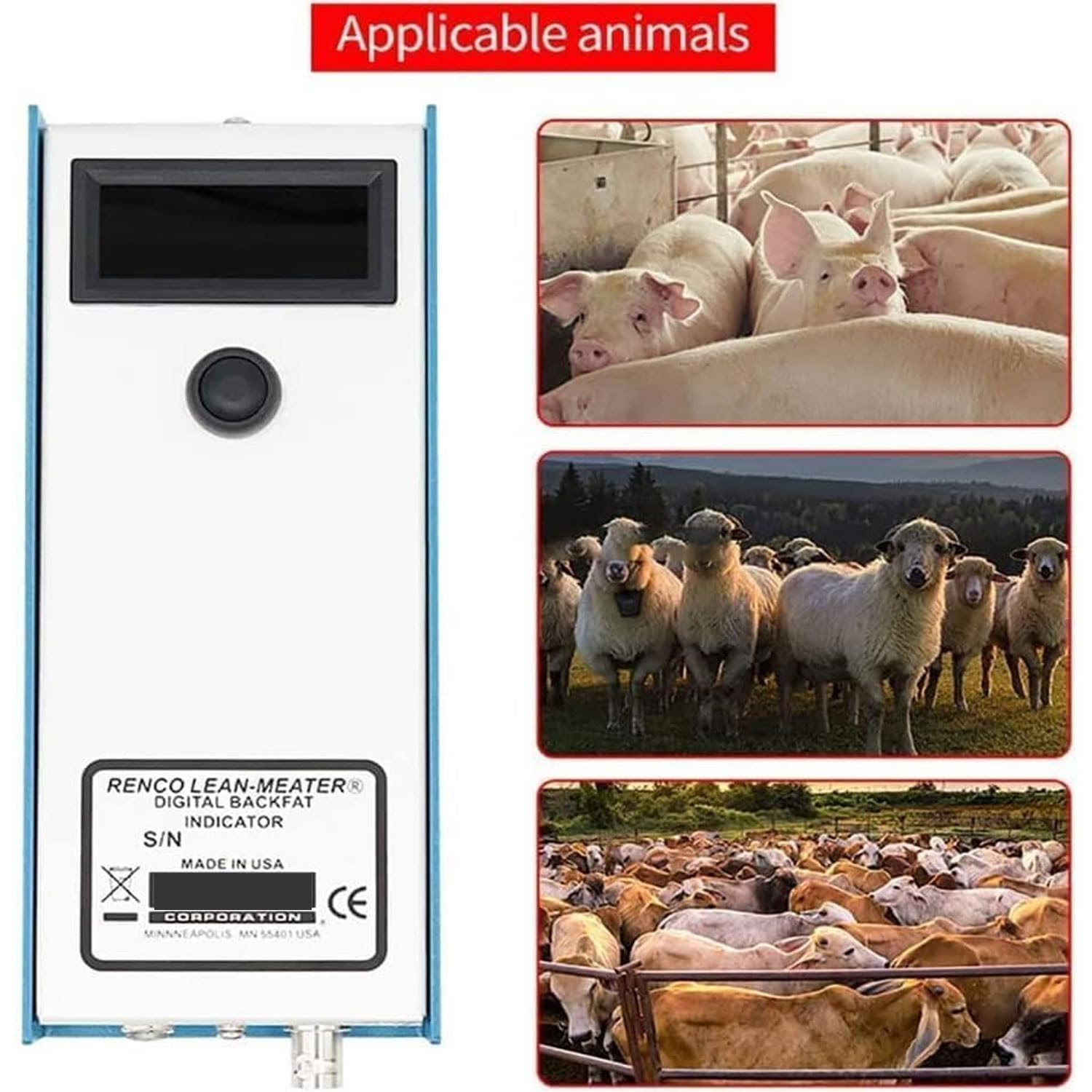 Medidor de grasa de cerdo de alta precisión, probador portátil para medir el grosor de la grasa dorsal de 4 a 45 mm, equipado con tres luces indicadoras para uso en ganado