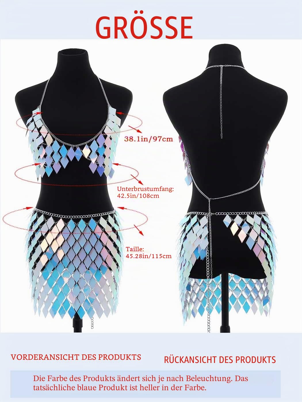 IYOU Pailletten Quaste Körperkette Outfits BH Rock Blau Bikini Rave Festival Party Strand Mode Clubkleidung Zubehör zum Damen(blau)