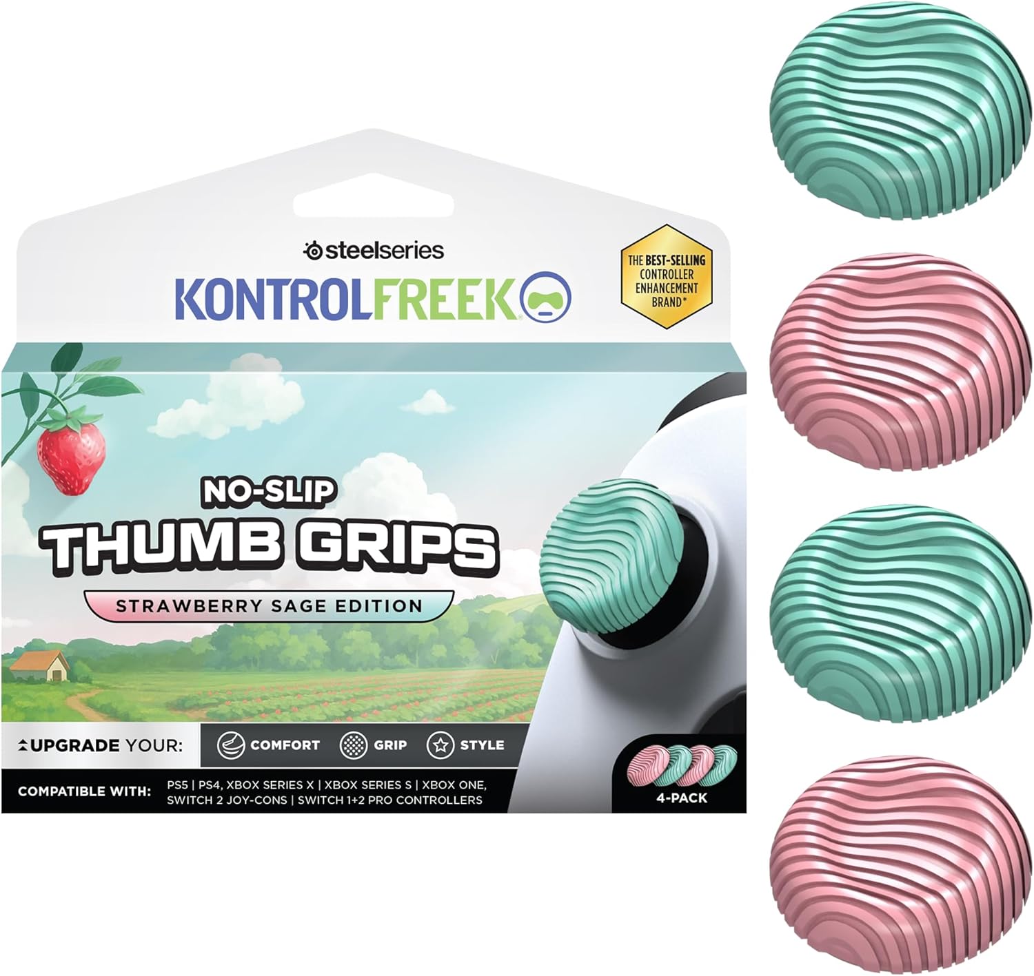 KontrolFreek No-Slip Thumb Grips – Strawberry Sage Edition for Nintendo Switch Pro, Switch 2 Joy-Con, PlayStation 4, PlayStation 5, Xbox One & Xbox Series X|S Controller | 4-Pack | Pink/Green