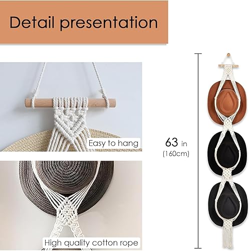 Miniatura 2 de Paquete de 2 percheros de macramé para pared, organizador bohemio para sombreros, exhibidor colgante, tejido a mano, soporte decorativo para gorras
