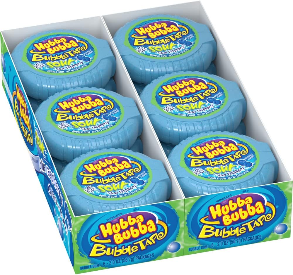 Bubble Gum Tape - Original Blue Raspberry Chewing Gum Bulk Pack, 2 oz Each, Pack of 12 Candy Bulk