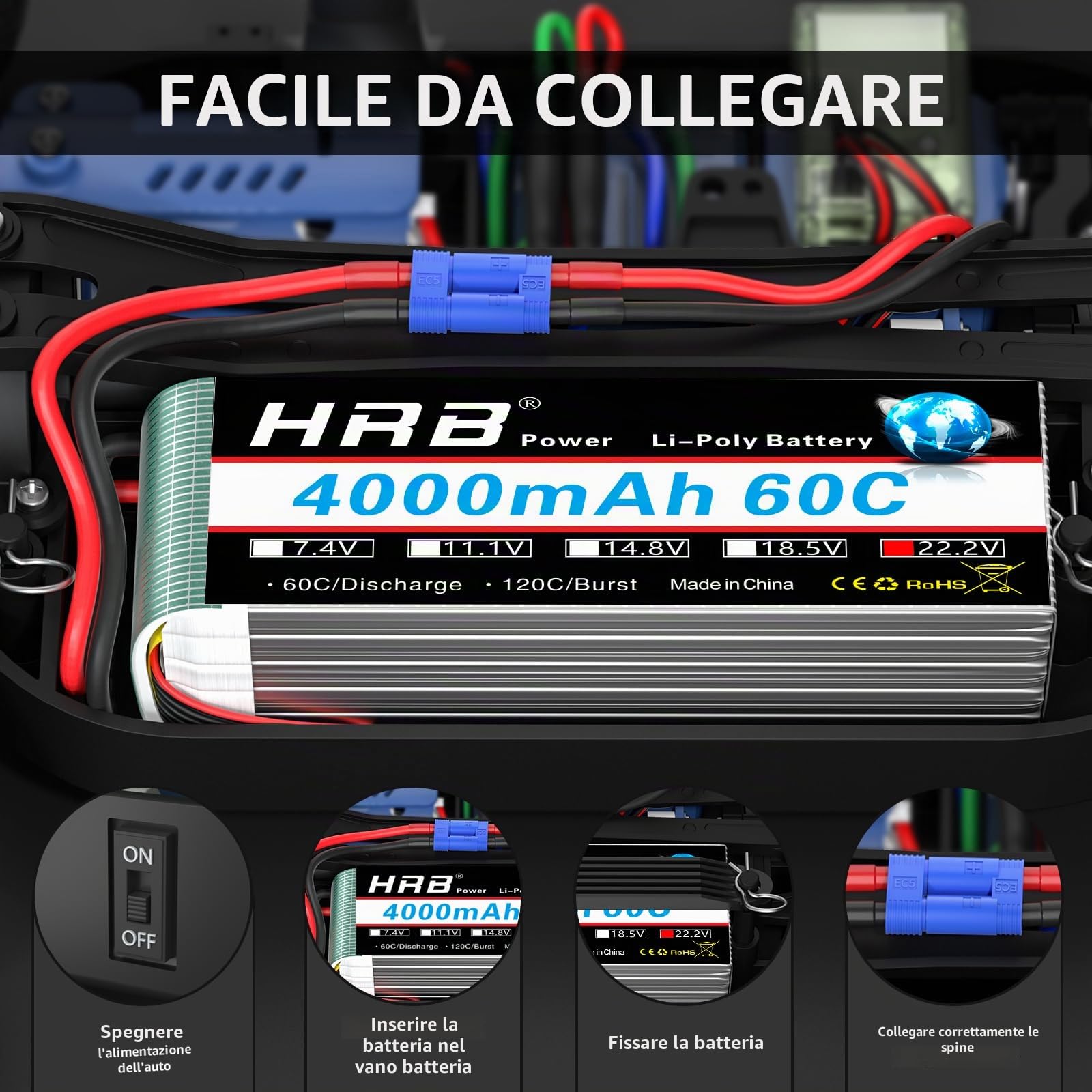 HRB 2pcs 6S 22.2V 4000mAh 60C Lipo batteria con spina EC5 per RC Quadcopter elicottero auto camion barca hobby