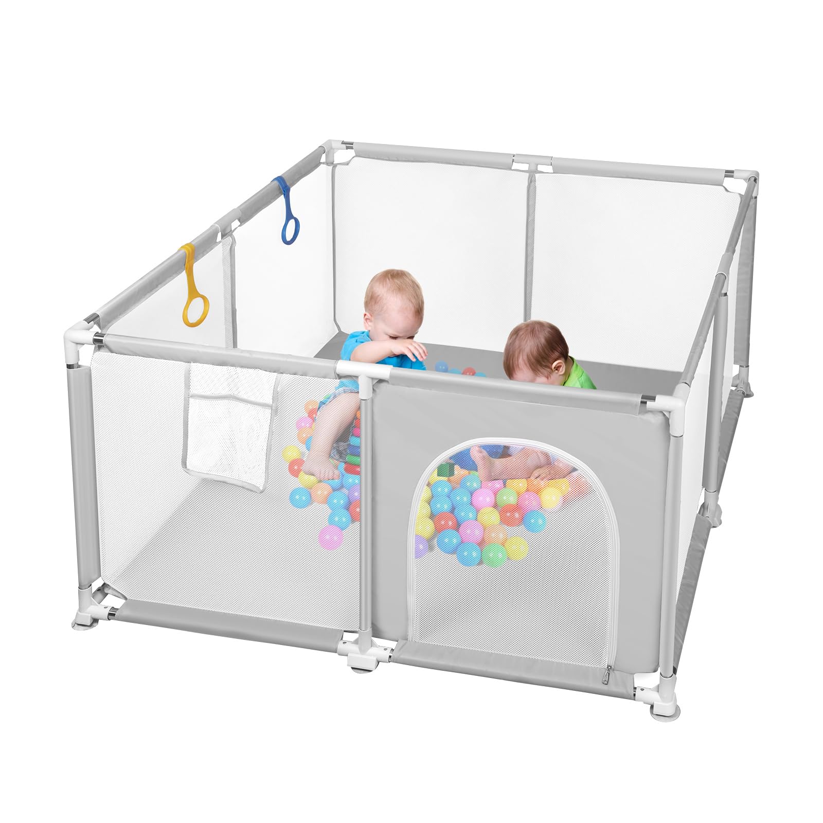 Parc Bébé Démontable Lavable avec 30 Balles, 120x120 cm, Intérieur Extérieur, Grille Protection Gris