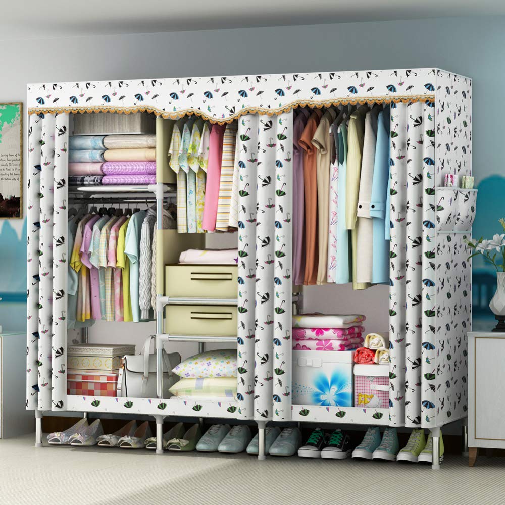 Garde-Robe en Tissu Épaississement de L'acier Double Armoire Portative 190CM