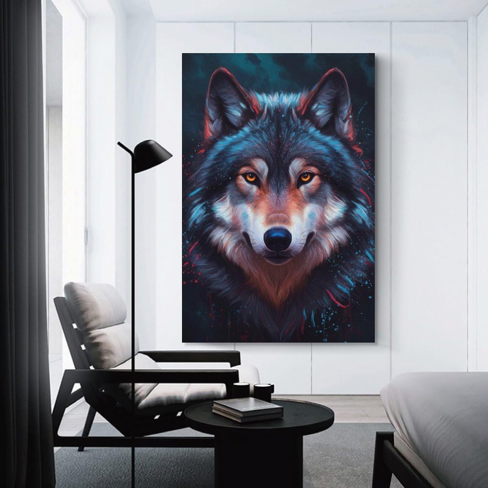Junmoney Unframe-Style-23 Wolf Portrait With Splashes Canvas Wall Picture, 12X18inch(30X45cm), For Study, Office Or Focused Interiors, Home Office Artwork With Decorative Appeal