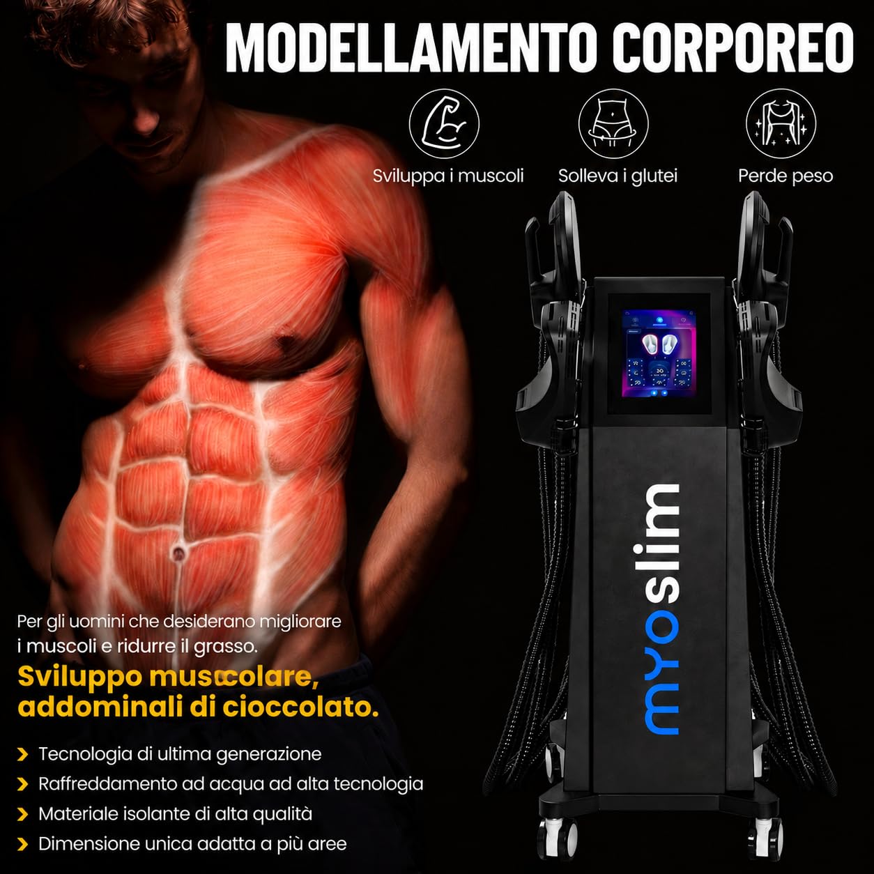 Macchina per Modellamento Corpo con Tecnologia EMT – Riduzione del Grassi, Costruzione Muscolare e Rassodamento della Pelle, Schermo Tattile Multilingue, 4 Testine Interchangeabili (Nero)