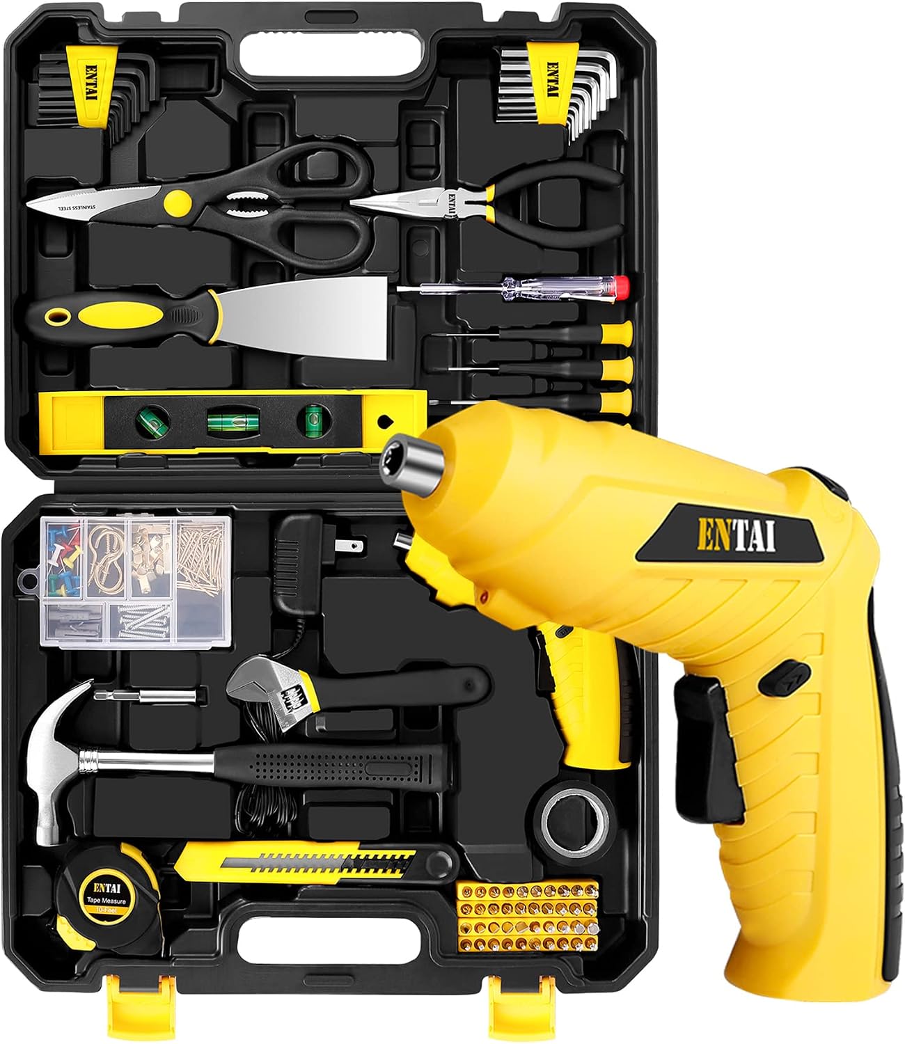ENTAI Tool Kit for Home, Basic Tool Kit with 3.6V Cordless Screwdriver for Men Women Home and Household Repair, 176-Piece Complete Home Tool Kit for DIY, College Students, with Solid Toolbox