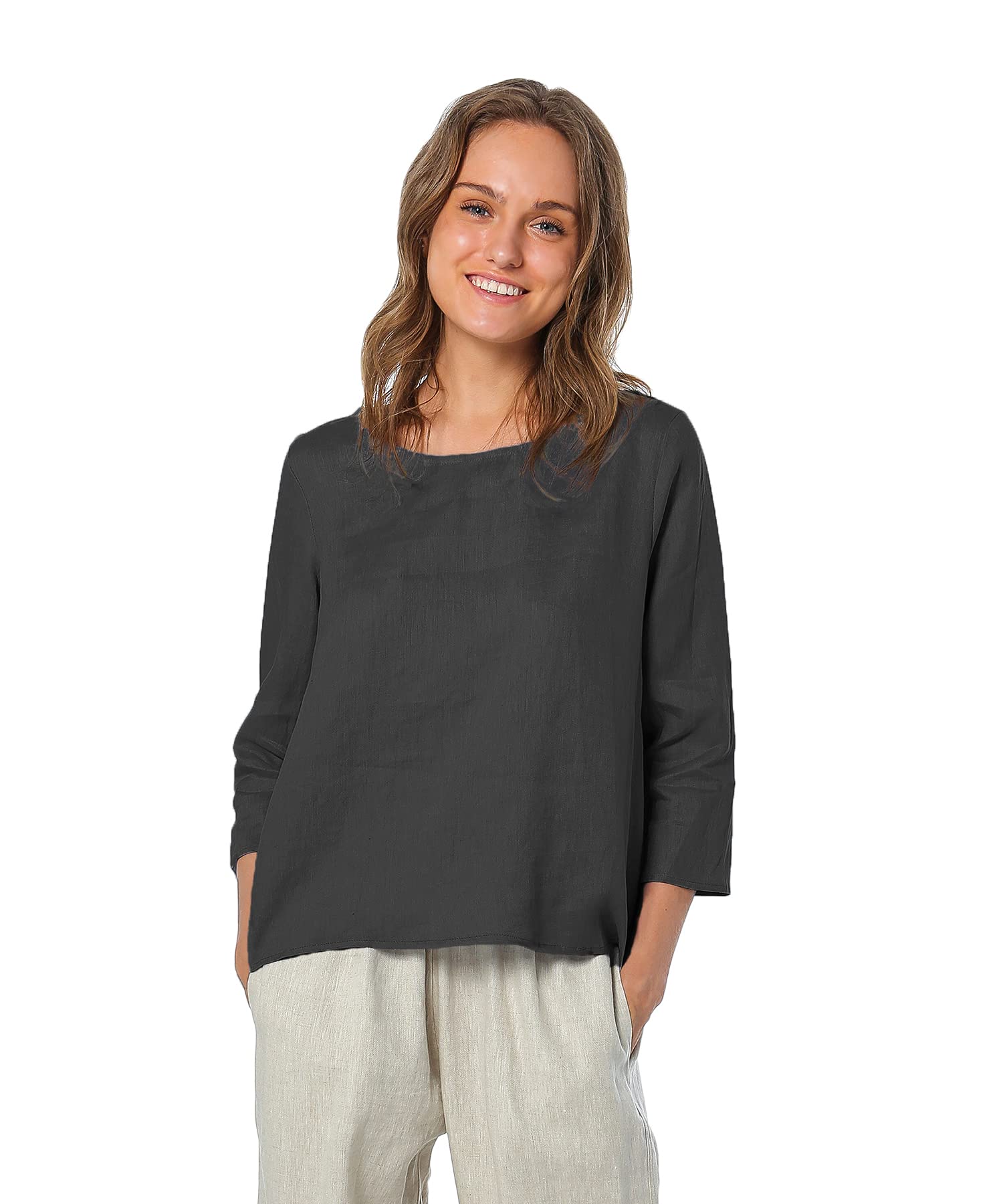 AmazhiyuWomen’s 100% Linen 3/4 Sleeve Blouse Crew Neck Summer Casual Tops Loose Fit