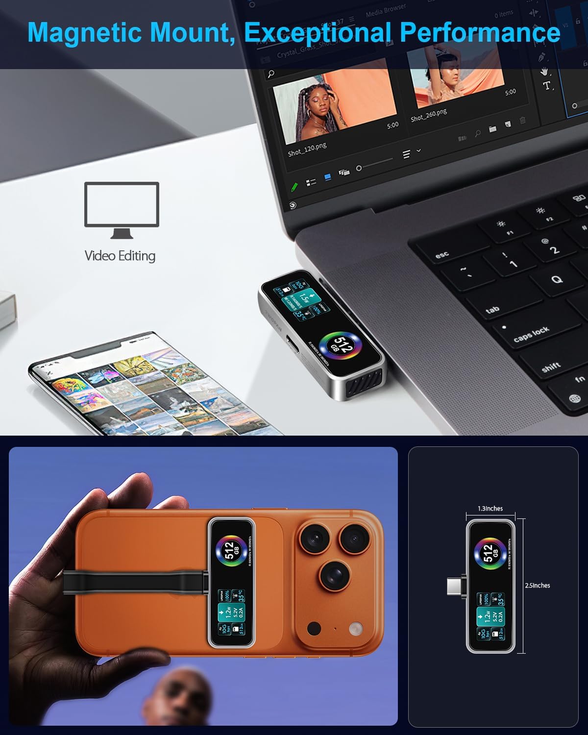 Magnetic Portable iPhone SSD for ProRes 4K 60fps Video Recording, 512GB External Storage for iPhone 17/16 Pro/Pro Max/iMac/MacBook, LCD Display, USB-C PD 3.0 Port, Built-in Cooling Fan - Image 7