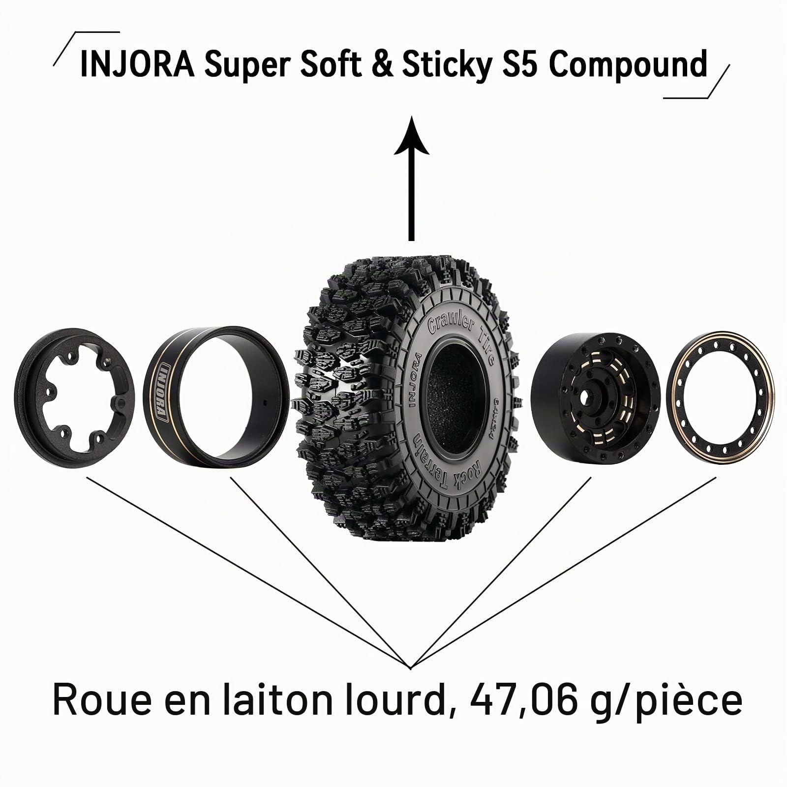 INJORA 1.0 RC Pneus Jantes en Laiton Beadlock 4pcs pour 1/18 1/24 RC Crawler Voiture Axial SCX24 FMS FCX24 FCX18 Gladiator Bronco C10 JLU Deadbolt B17 Upgrade (W1005-T1011)