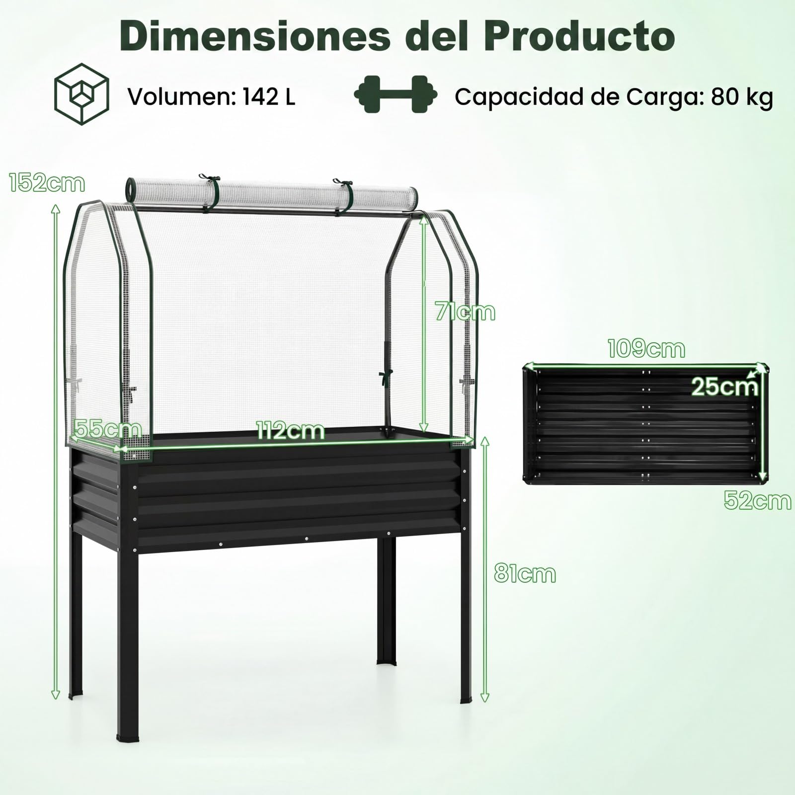 COSTWAY Jardinera Elevada con Invernadero, Cama de Jardín de Metal Galvanizado con Cubierta de Protección, Puerta Enrollable, Huerto Urbano Exterior para Patio, Terraza, Balcón (Negro)