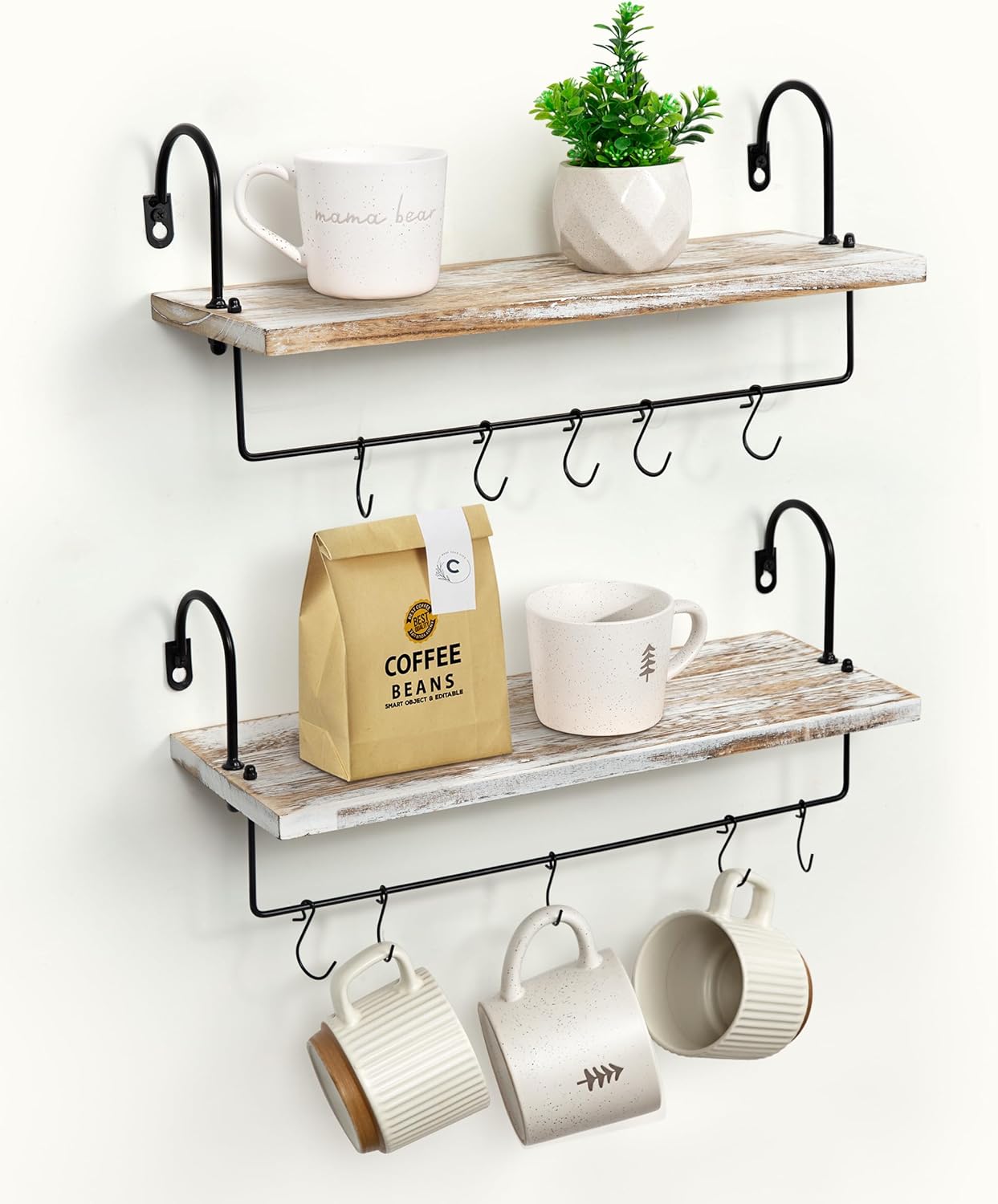 Wall Mount Floating Shelves, Wooden Coffee Bar Hanging Storage Shelf Rustic Cup Holder Mug Hanger Organizer Farmhouse Decor for Kitchen Living Room Bedroom, White