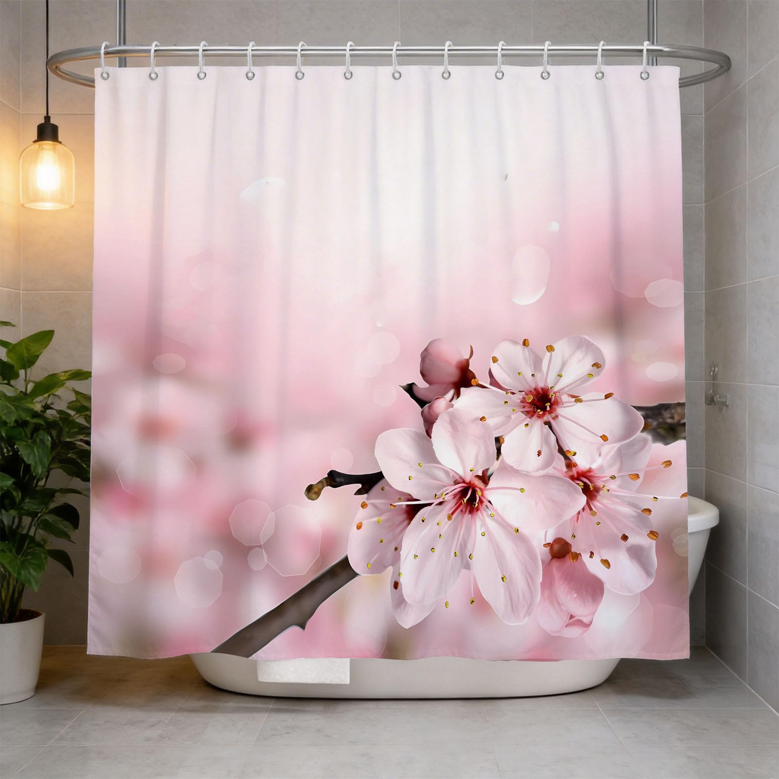 Hongduo 3D Cherry Blossum Shower Curtain for Stalls Bathtubs Cherry Blossom Design Bathroom Decor Shower Curtain Set Polyester Fabric Waterproof 200x200cm/79X79 Inch with Hooks