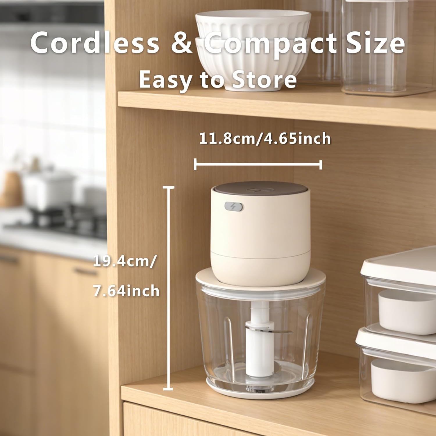600ml Glass Cordless Food Chopper, Wireless Food Processor with 3 Sharp Blades ＆ USB-C Rechargeable Battery Motor, Small Garlic Vegetable Chopper, Electric Meat Blender Grinder, Portable Mini Mixer