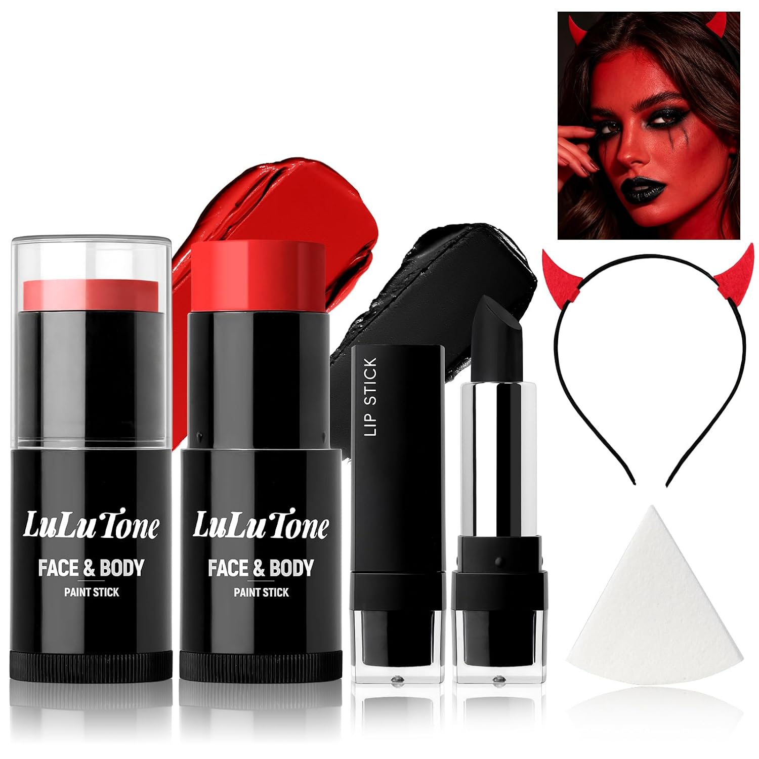 Red Face Paint Halloween Makeup Kit with Devil Horns Headband, Cream Blendable Waterproof Body Paint Stick for Clown Joker Vampire Full-coverage Halloween Costumes Cosplay SFX Makeup