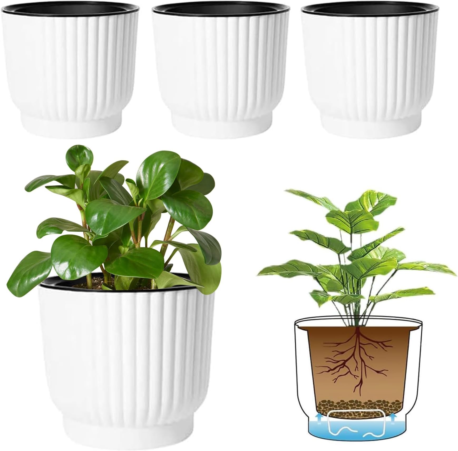 Self Watering Pots for Indoor Plants, 7 Inch 4 Pack Planter White