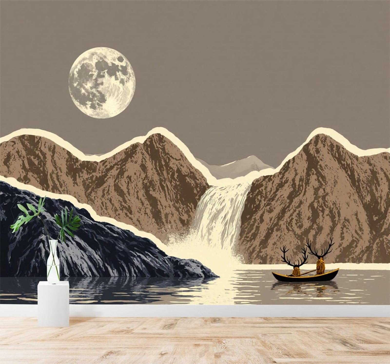 XLMING Full Moon Mountain Peaks Waterfall Small Boat Deer 3D Wallpaper Premium Textured Silk Study Dining Living Room Bedroom Sofa TV Wall Easy Install-400cm×280cm