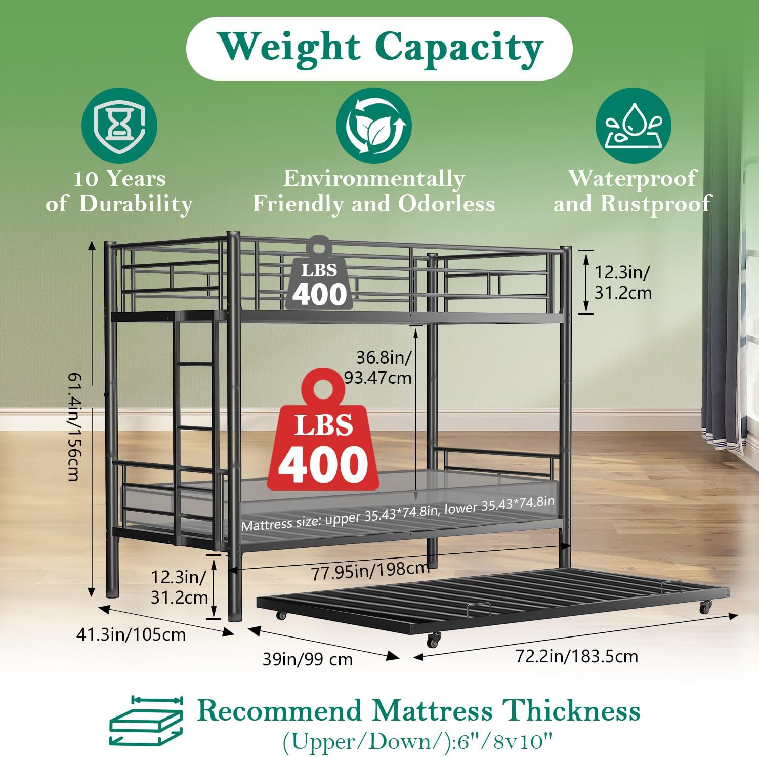Convertible Bunk Bed with Trundle Twin Over Twin Bunk Beds with Ladder & Guardrail Heavy Duty Metal Bunkbed Frame for 3 Teens Dorm Bedroom Guest Room, No Box Spring Needed, Black
