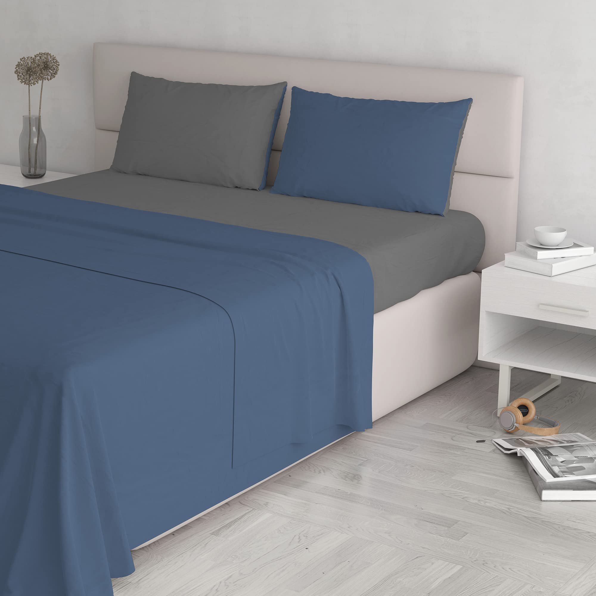 COMPLETO LETTO MATRIMONIALE NATURAL COLOR 100% Cotone - Prodotto in Italia - Sopra 240x300 cm, Sotto 170x200 cm, Federe 50x80 cm Tinta Unita - DoubleFace - Avio/Fumo