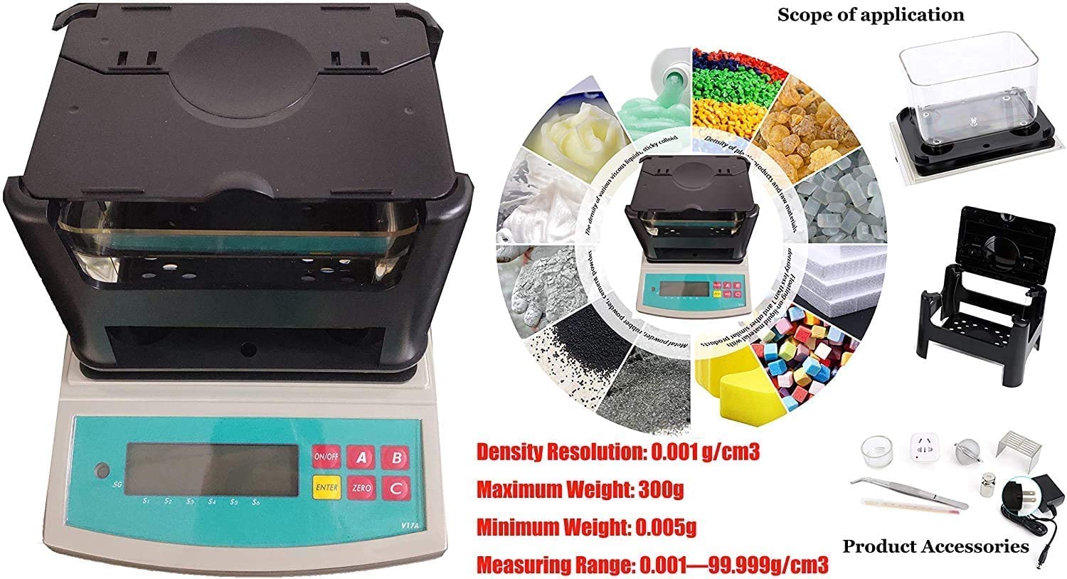 Solids Densimeter Electronic Solid Density Meter Digital Density Meter Gravity Balance Gravimeter for Measuring Plastic Rubber,Etc Precision 0.005g Accuracy 0.001g/cm3 Maximum Weight 300g