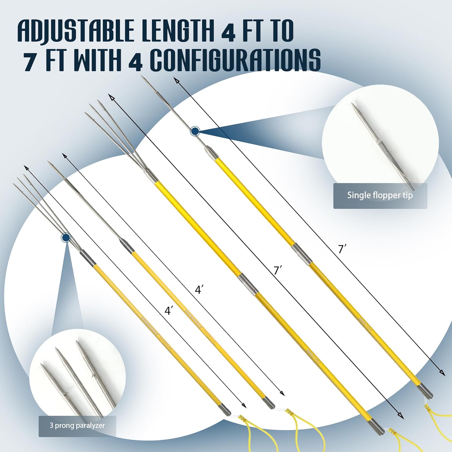 Hawaiian Sling Fishing Spear 7ft Fiberglass Travel Pole Spear 3 Prong Sling Spear Fishing Equipment Snorkeling Scuba Diving Gear Polespears Harpoon for Fishing Kayak, Spearfishing, Freediving