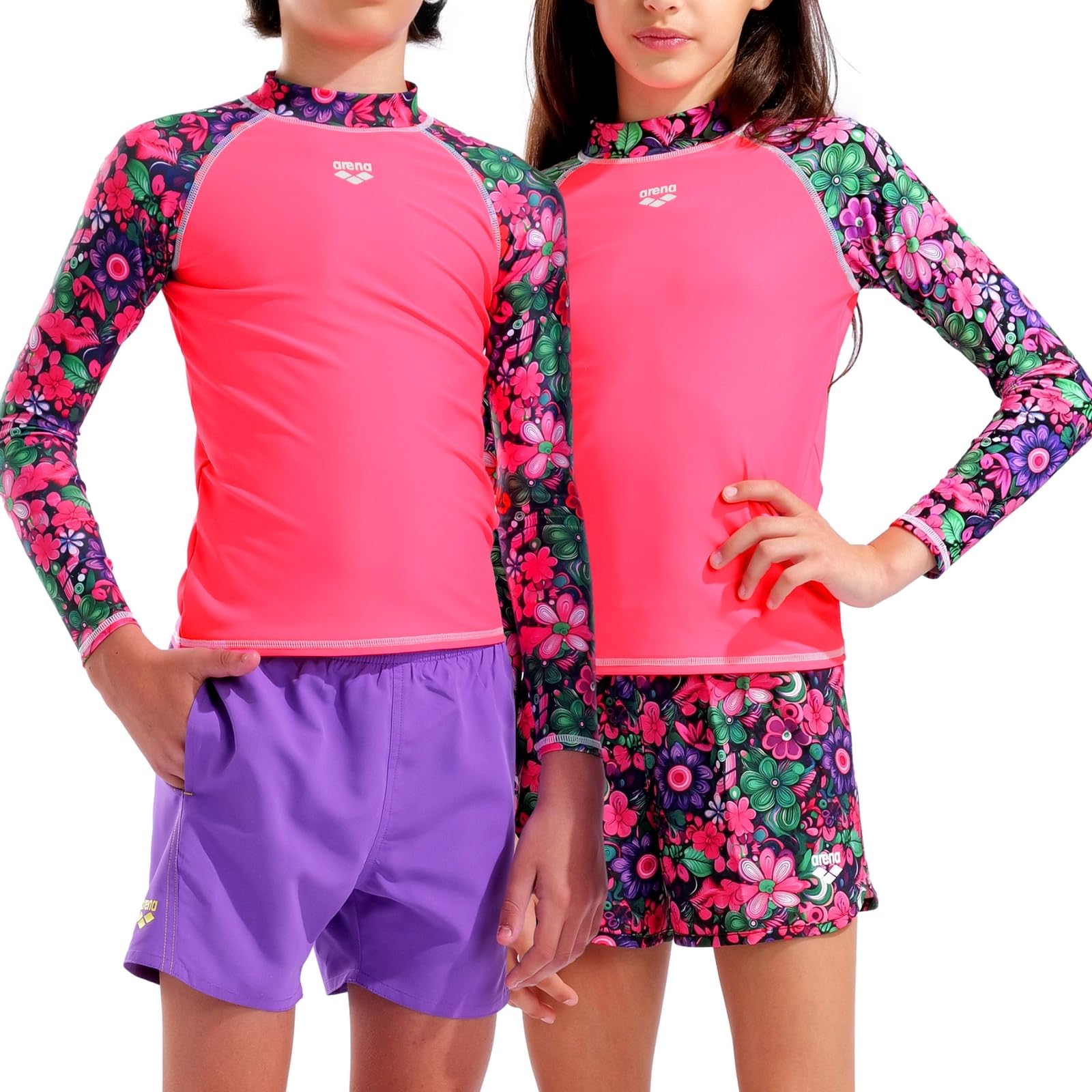 ARENA Kinder Badeshirt UV-Shirt Surfshirt Rash Vest L/S Allover, Farbe:Pink, Artikel:-960 Shocking pink/Flower, Größe:164