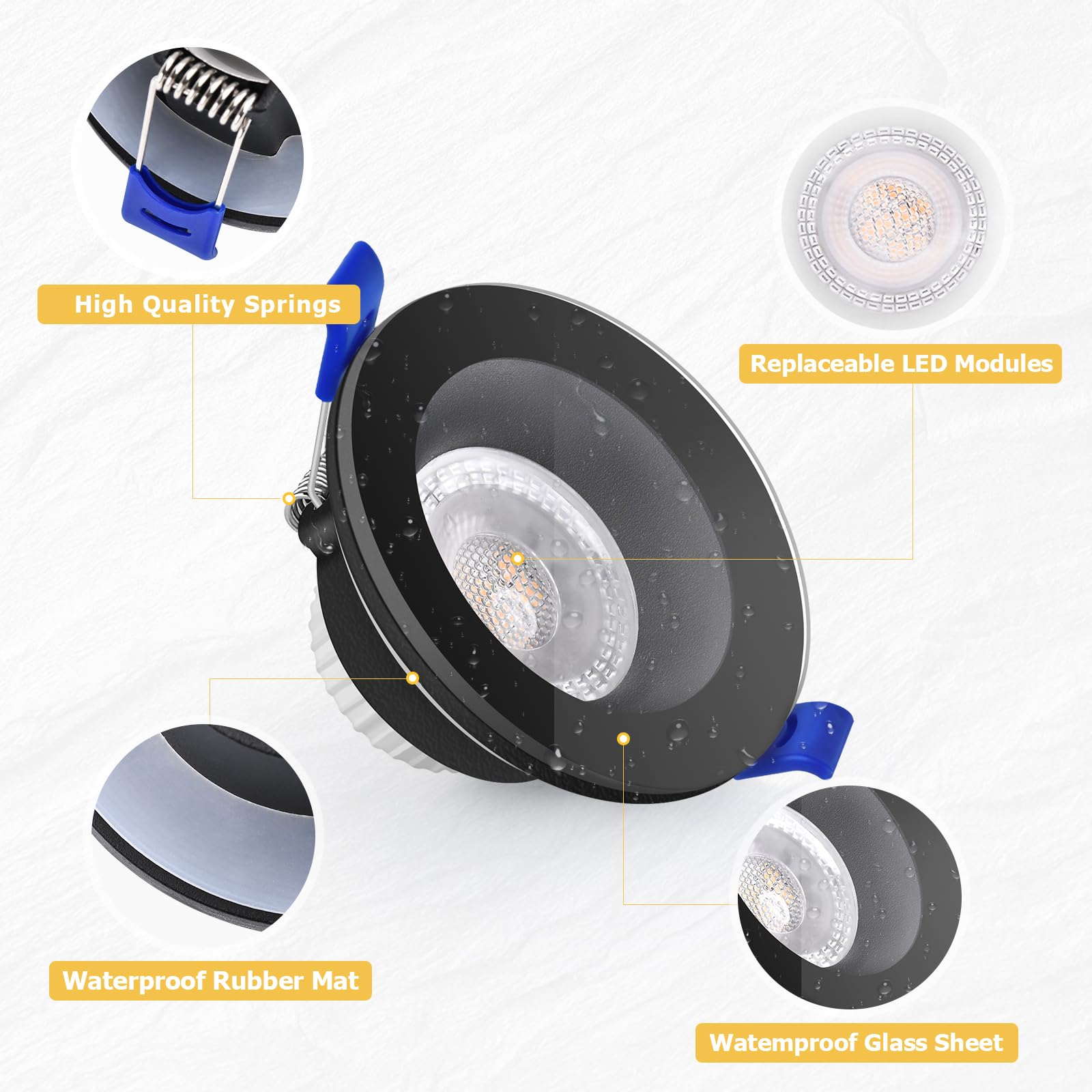 KYOTECH LED Einbaustrahler 230V IP65, 5W 500LM Deckenspots 68-75mm, Austauschbare Lichtquelle Ultra Flach 4000K Neutralweiß Spots Einbauleuchten für Badezimmer Küche Wohnzimmer, Schwarz Weiß 6er Set