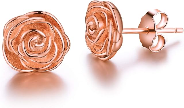 Esberry Gifts for Christmas 18K Gold Plating 925 Sterling Silver Rose Stud Earrings Hypoallergenic Flower Earrings Jewelry for Women and Girls (Rose Gold)