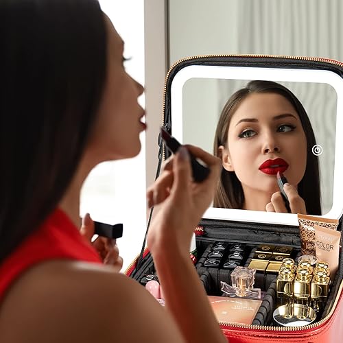 Miniatura 6 de Estuche de viaje de maquillaje con espejo con luz LED, 3 brillo ajustable, bolsa de cosméticos, almacenamiento portátil, partición ajustable,