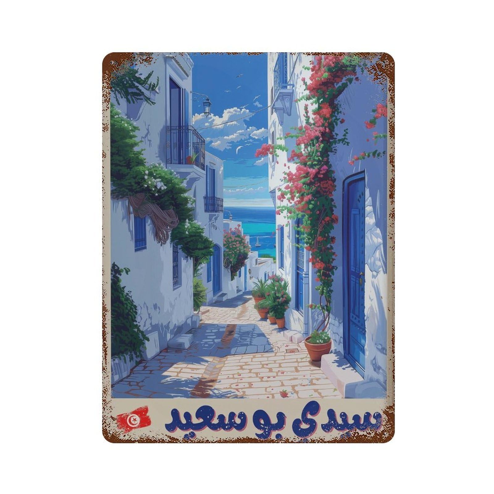 xiaoxiaoshen Sidi Bou Said Tunisia Travel Vibrant Mediterranean in Arabic Wall Decor Art Metal Tin Poster Modern Home Decor Art Home Bar Shop Decorations Vintage Sign 40x30cm