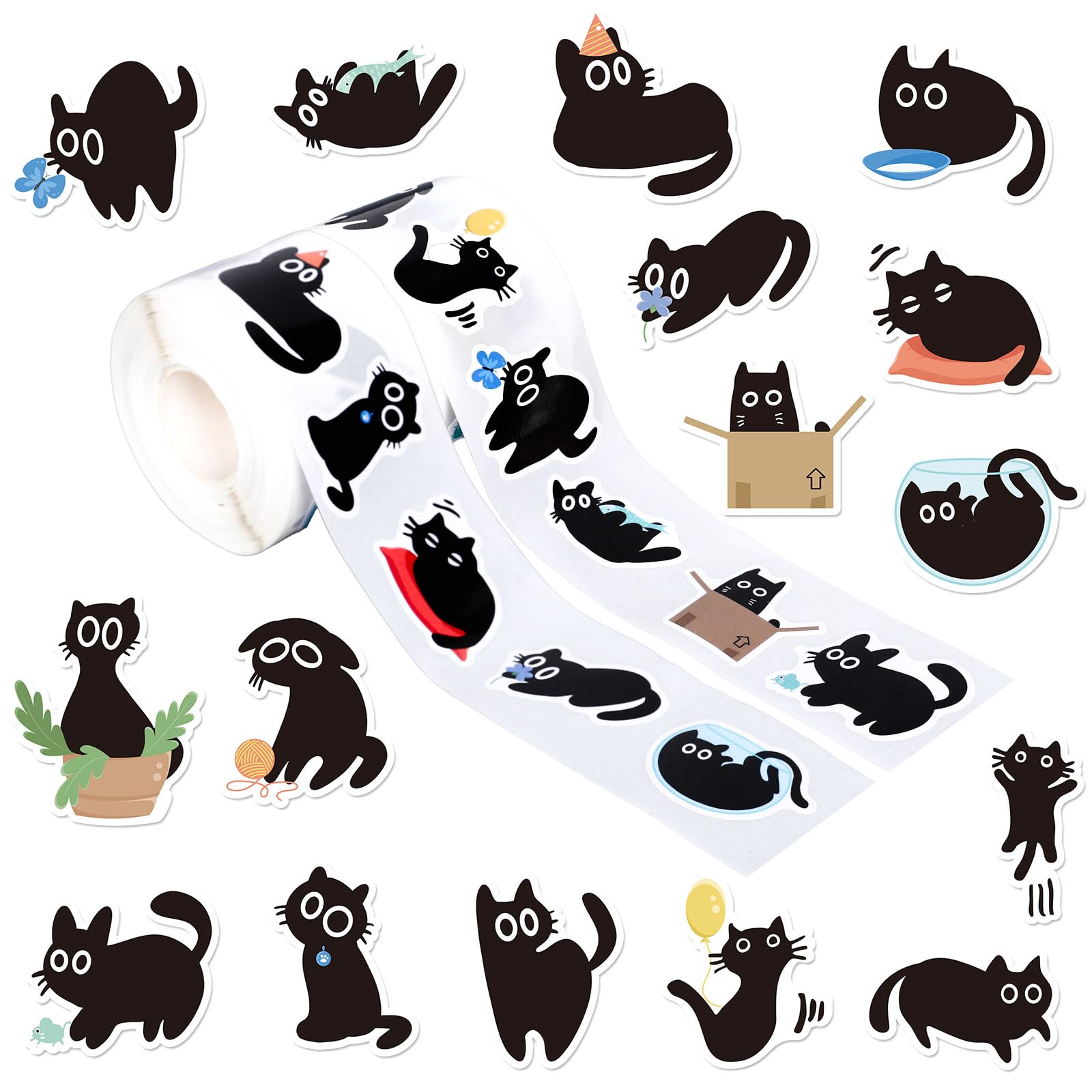 FYSUIMU 1000Pcs Black Cat Stickers Funny Cartoon Cat Meme Stickers 16 Style Halloween Self-Adhesive Label Decals for Craft Scrapbook Laptop Guitar