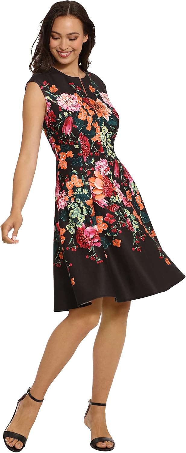 London Times Women's Women's Dresses Feminine Floral Split Neck Flattering Fit and Flare Career Guest of Chic Polished