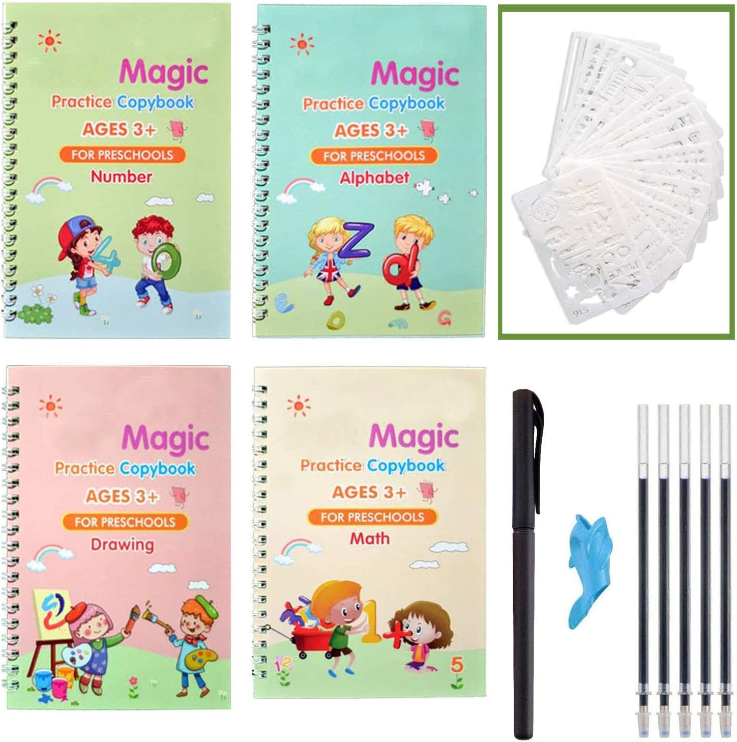 4pcs Reusable Magic Practice Copybook for Kids and 24PCS Journal Stencil Plastic Planner Set - Writing Practice Book,The Print Handwiriting Workbook- (Alphabet Book with Pen)
