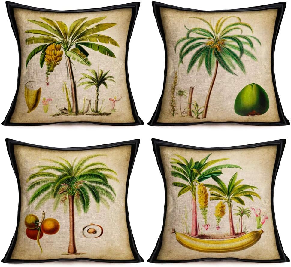 Summer Tree Throw Pillow Covers 18’’x18’’ Set of 4 Hawaii Coconut Palm Banana Tree Green Leaf Cotton Linen Decorative Couch Cushion Cover Throw Pillow Case Home Sofa Bedding Decorative