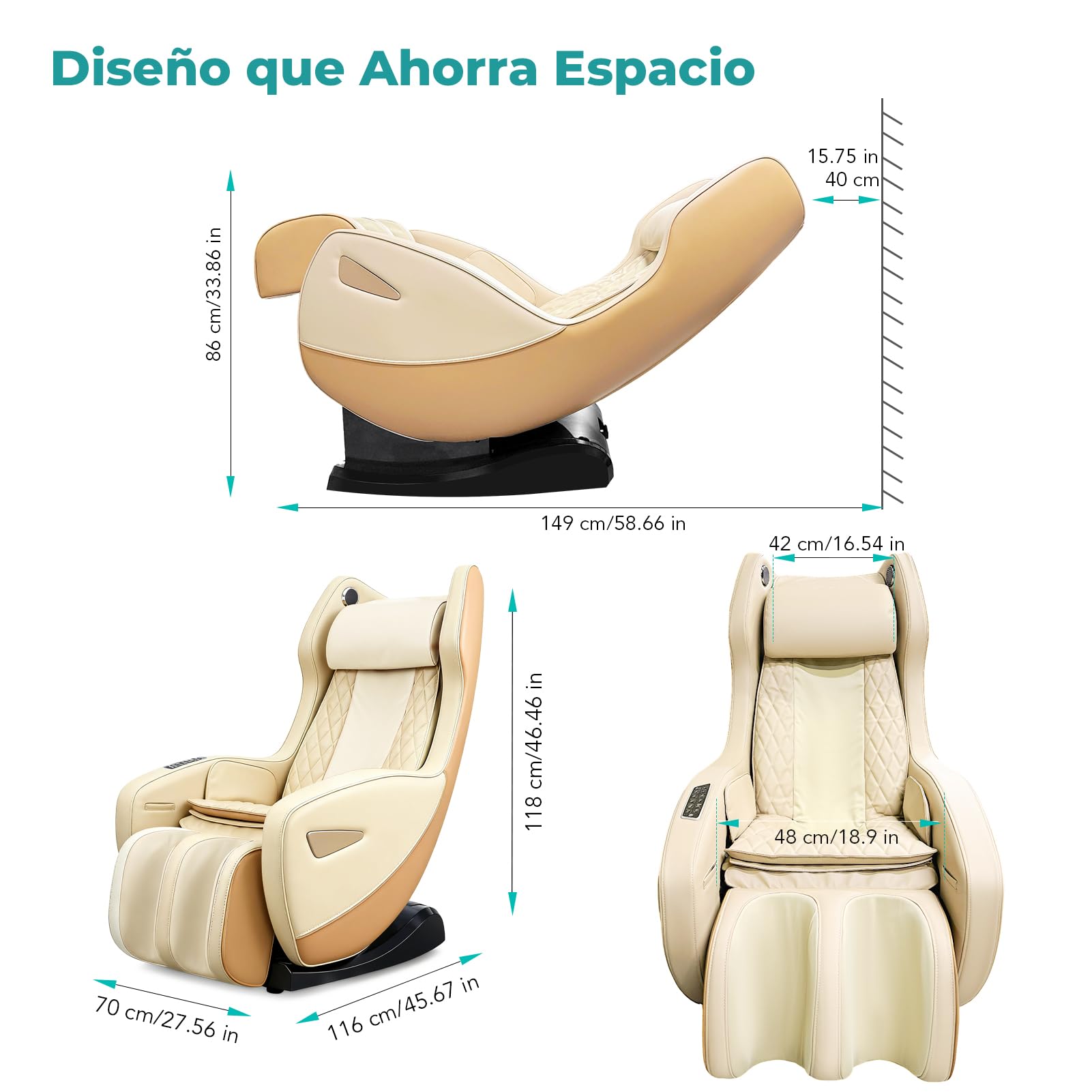 Silla de masaje, tumbona eléctrica, técnicas de masaje biónico, altavoz bluetooth, sillón de masaje relajante que ahorra espacio para hoteles, salones, oficina y uso doméstico (crema-beige)