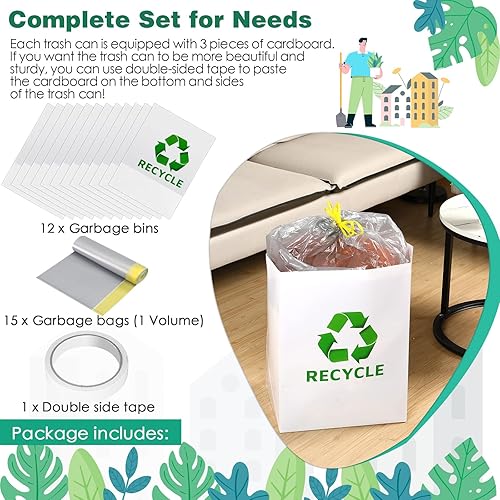 Miniatura 4 de Tioncy - 12 botes de basura desechables de 13 galones con bolsa de basura, contenedores de reciclaje de cinta de doble cara, contenedores de basura