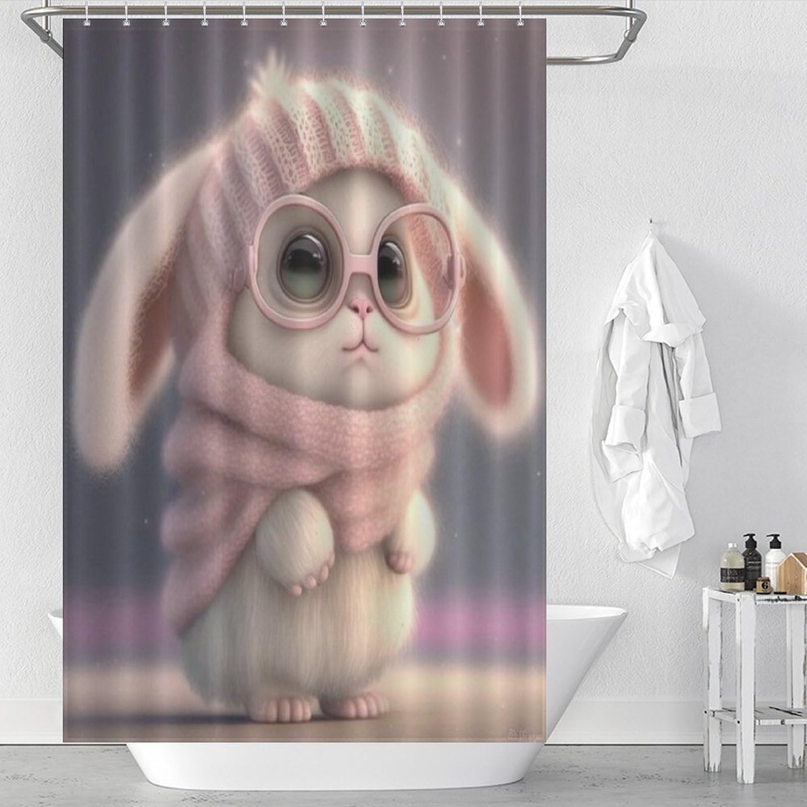 Rideau de douche lapin 122x183 cm imperméable en polyester avec crochets pour baignoire hôtel